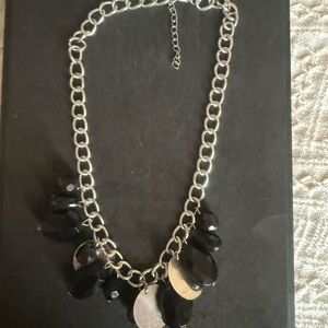 Silver Chain Necklace with Black Gemstone Pendants - Women Jewelry